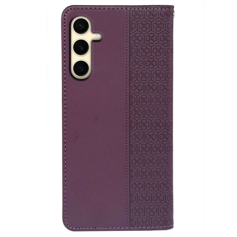 For Samsung Galaxy A34 5G Case Four Leaves Clover Leather Phone Cover Wallet - Dark Purple - 6