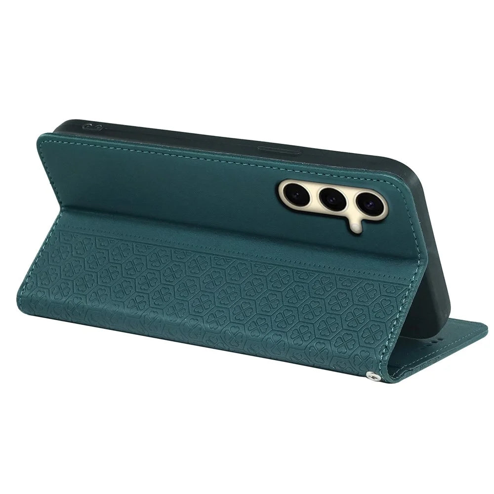 For Samsung Galaxy A54 5G Case Leather Phone Cover Lucky Clover Imprinting Magnetic Closure - Green - 4