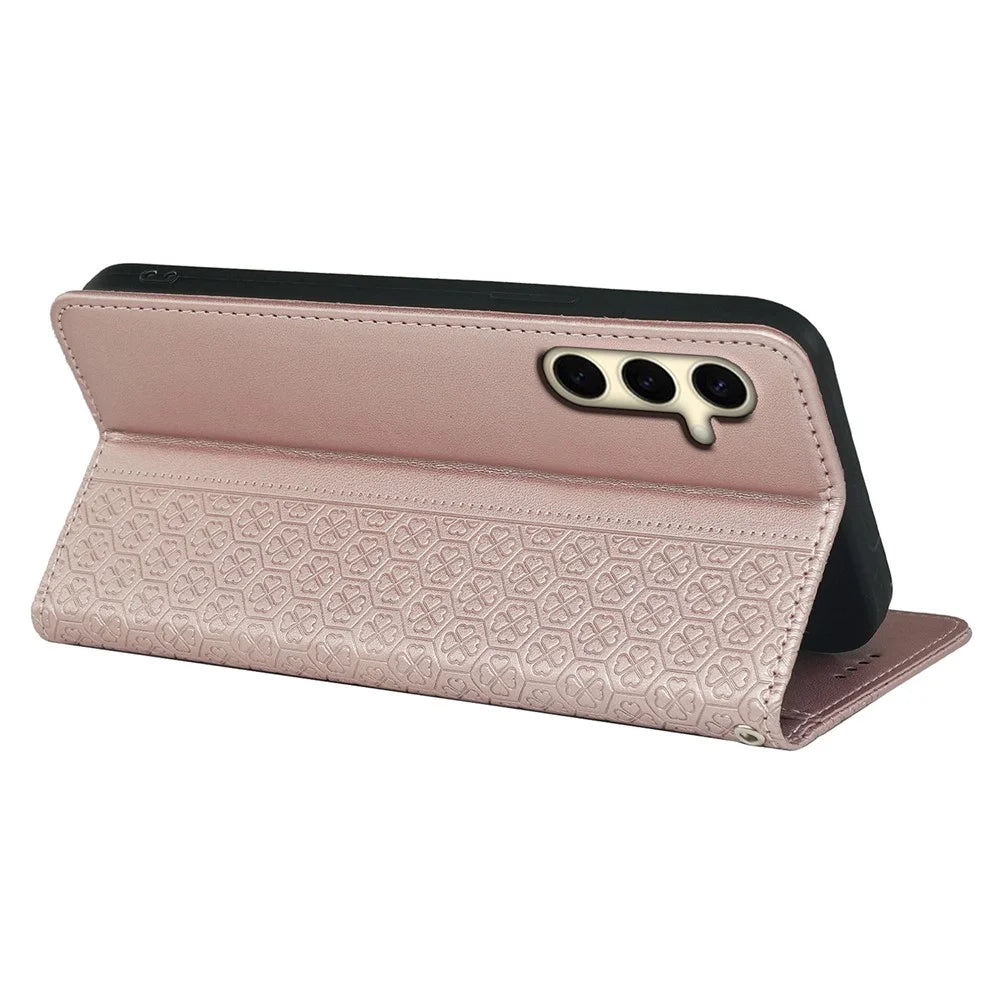 For Samsung Galaxy S23 FE Case Clover Imprinted Leather Phone Cover - Rose Gold - 4