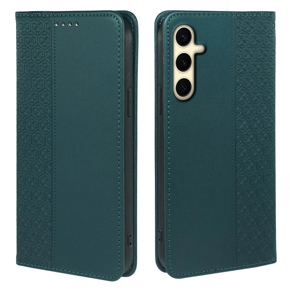 For Samsung Galaxy A35 5G Case Wallet Leather Phone Cover Four-Leaf Clover Pattern - Green - 1