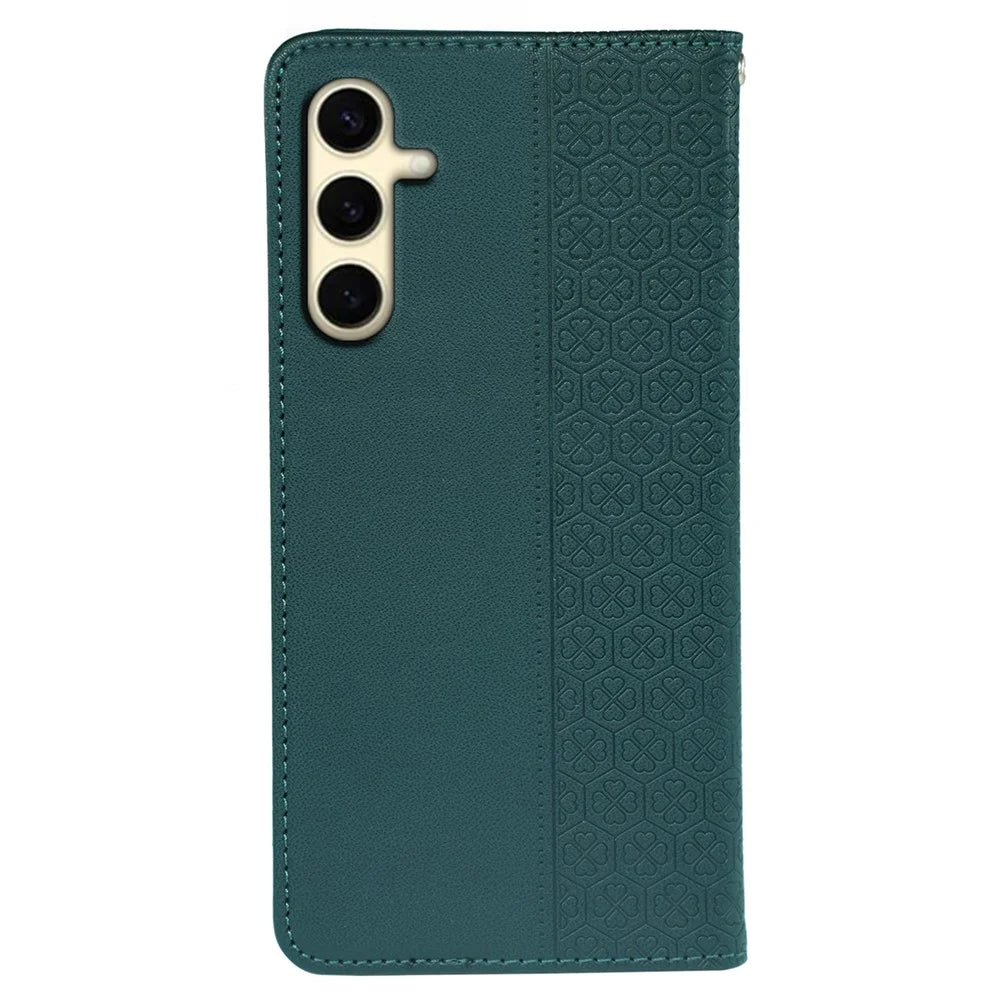 For Samsung Galaxy A35 5G Case Wallet Leather Phone Cover Four-Leaf Clover Pattern - Green - 6