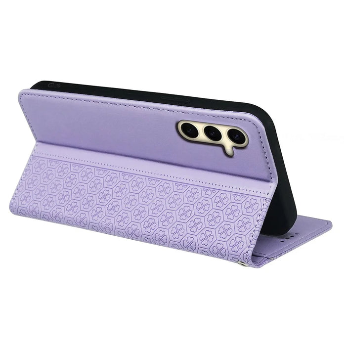 For Samsung Galaxy S24 Wallet Case Four-Leaf Clover Pattern Leather Phone Cover - Light Purple - 4