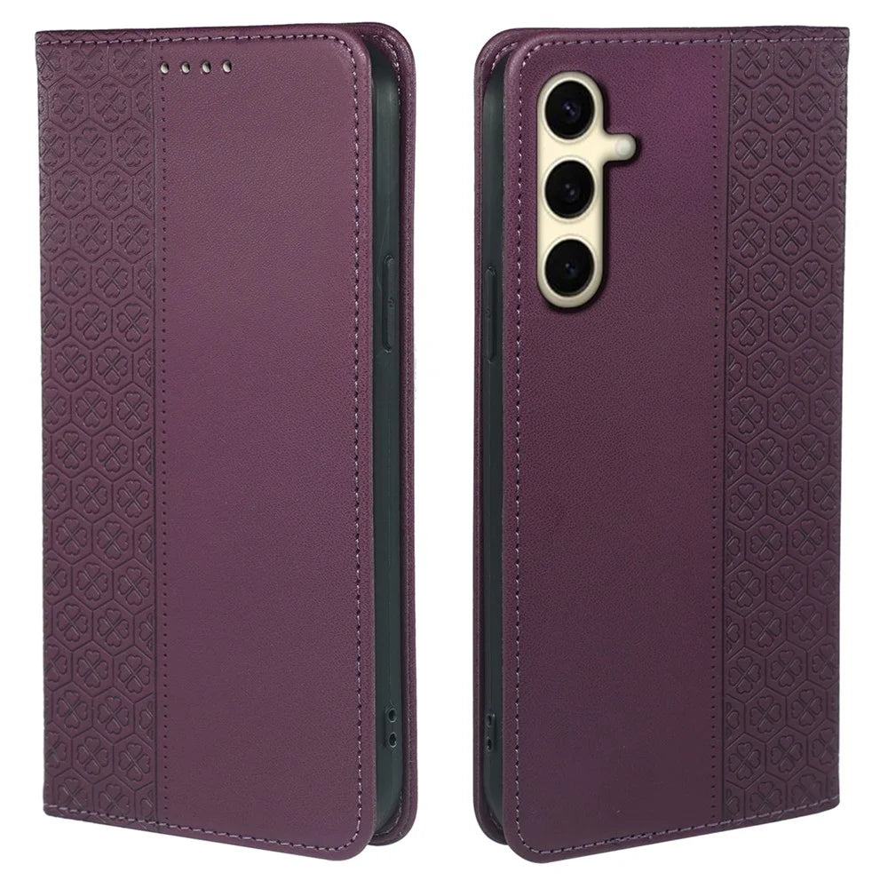 For Samsung Galaxy A15 4G / 5G Case Wallet Leather Phone Cover Four-Leaf Clover Pattern - Dark Purple - 1