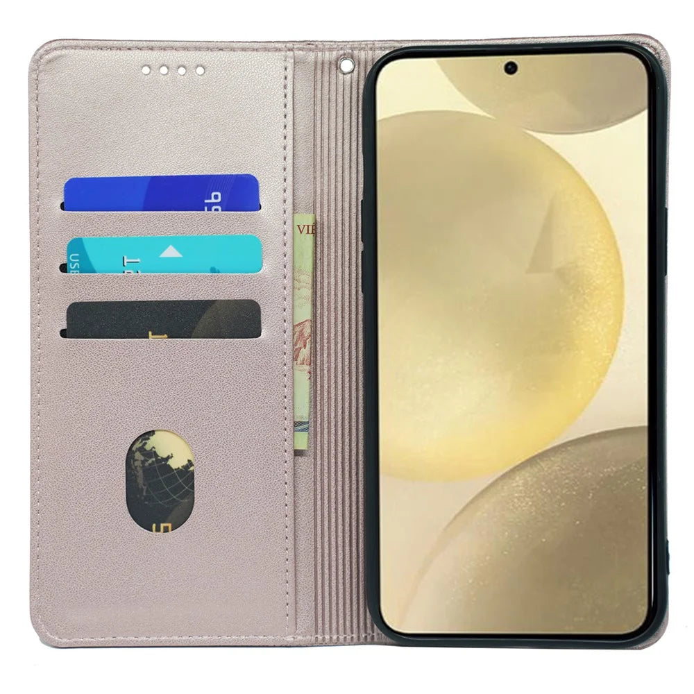 For Samsung Galaxy S24+ Case Leather Wallet Phone Cover Four-Leaf Clover Imprint - Rose Gold - 2