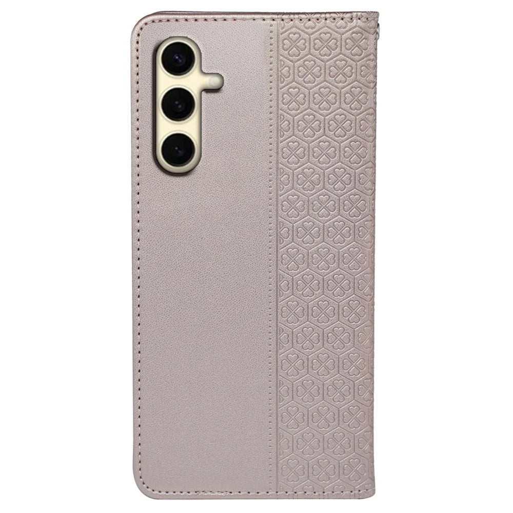 For Samsung Galaxy S24+ Case Leather Wallet Phone Cover Four-Leaf Clover Imprint - Rose Gold - 6