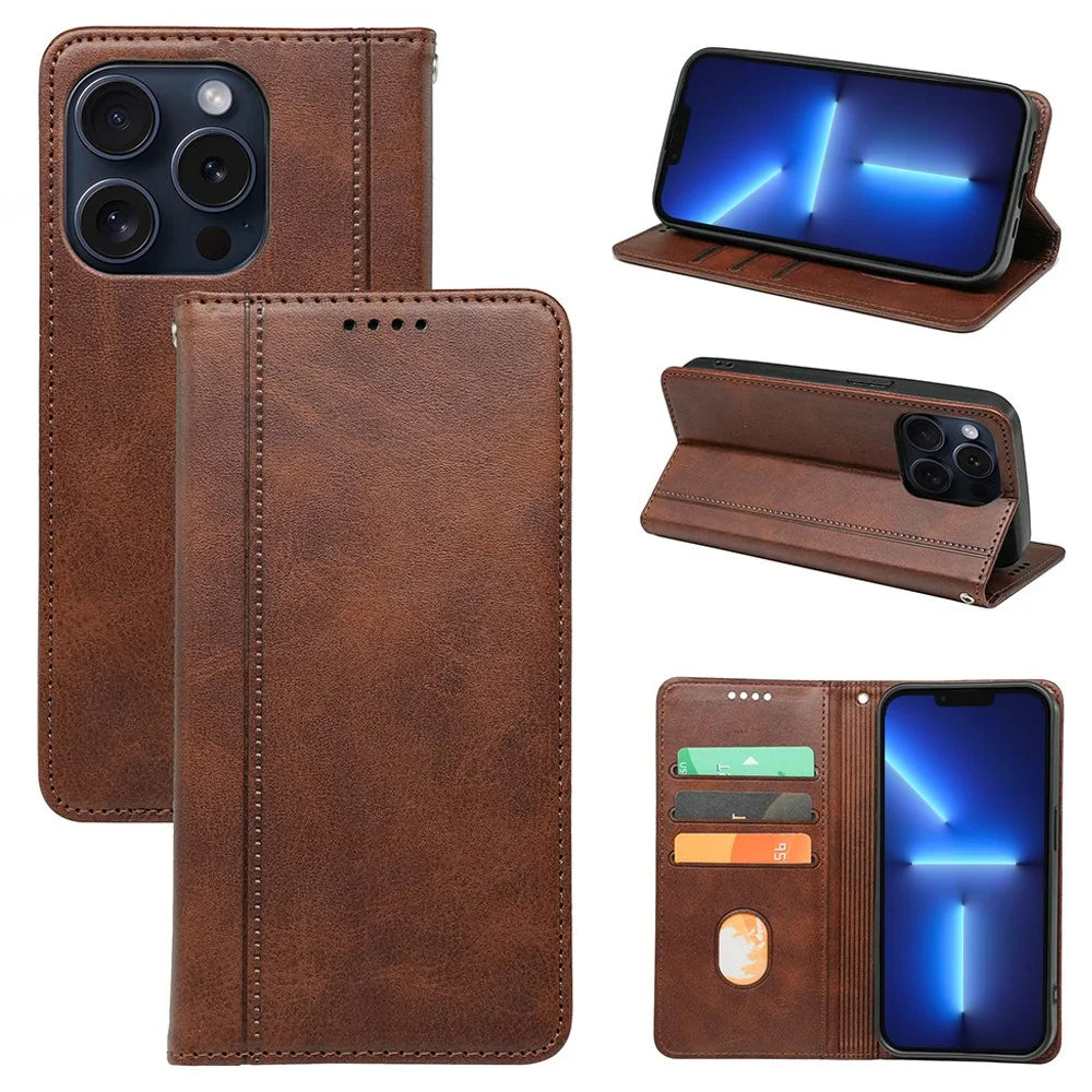 For iPhone 13 Pro Case Calf Texture Leather Phone Cover Strong Magnetic Closure Card Slots - Brown - 1