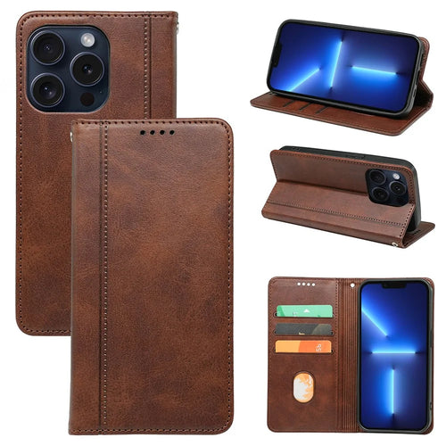 For iPhone 13 Pro Case Calf Texture Leather Phone Cover Strong Magnetic Closure Card Slots - Brown - 1