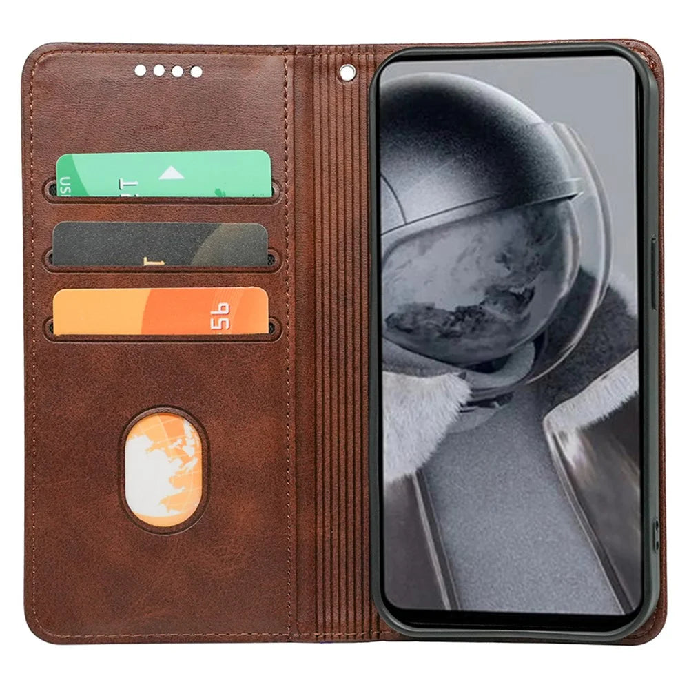 For iPhone 13 Pro Case Calf Texture Leather Phone Cover Strong Magnetic Closure Card Slots - Brown - 2