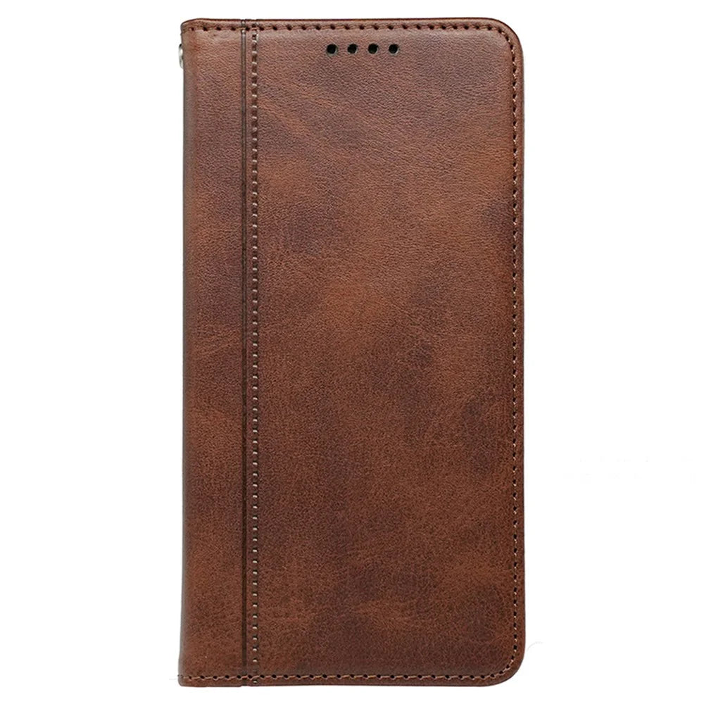 For iPhone 13 Pro Case Calf Texture Leather Phone Cover Strong Magnetic Closure Card Slots - Brown - 4