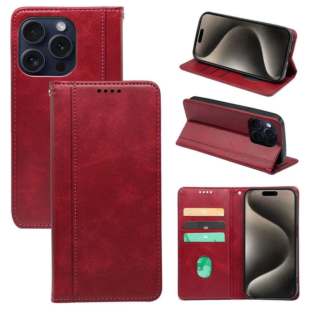 For iPhone 14 Pro Max Case Calf Texture Leather Magnetic Closing Phone Wallet Cover - Red - 1