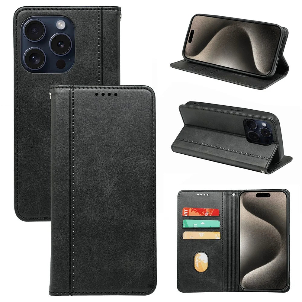For iPhone 15 Pro Max Case Stand Strong Magnetic Leather Wallet Phone Cover - Black - 1
