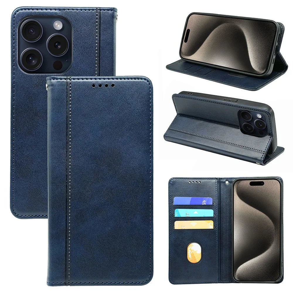 For iPhone 15 Pro Case Calf Texture PU Leather Wallet Stand Phone Cover - Blue - 1