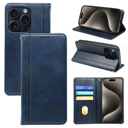 For iPhone 15 Pro Case Calf Texture PU Leather Wallet Stand Phone Cover - Blue - 1