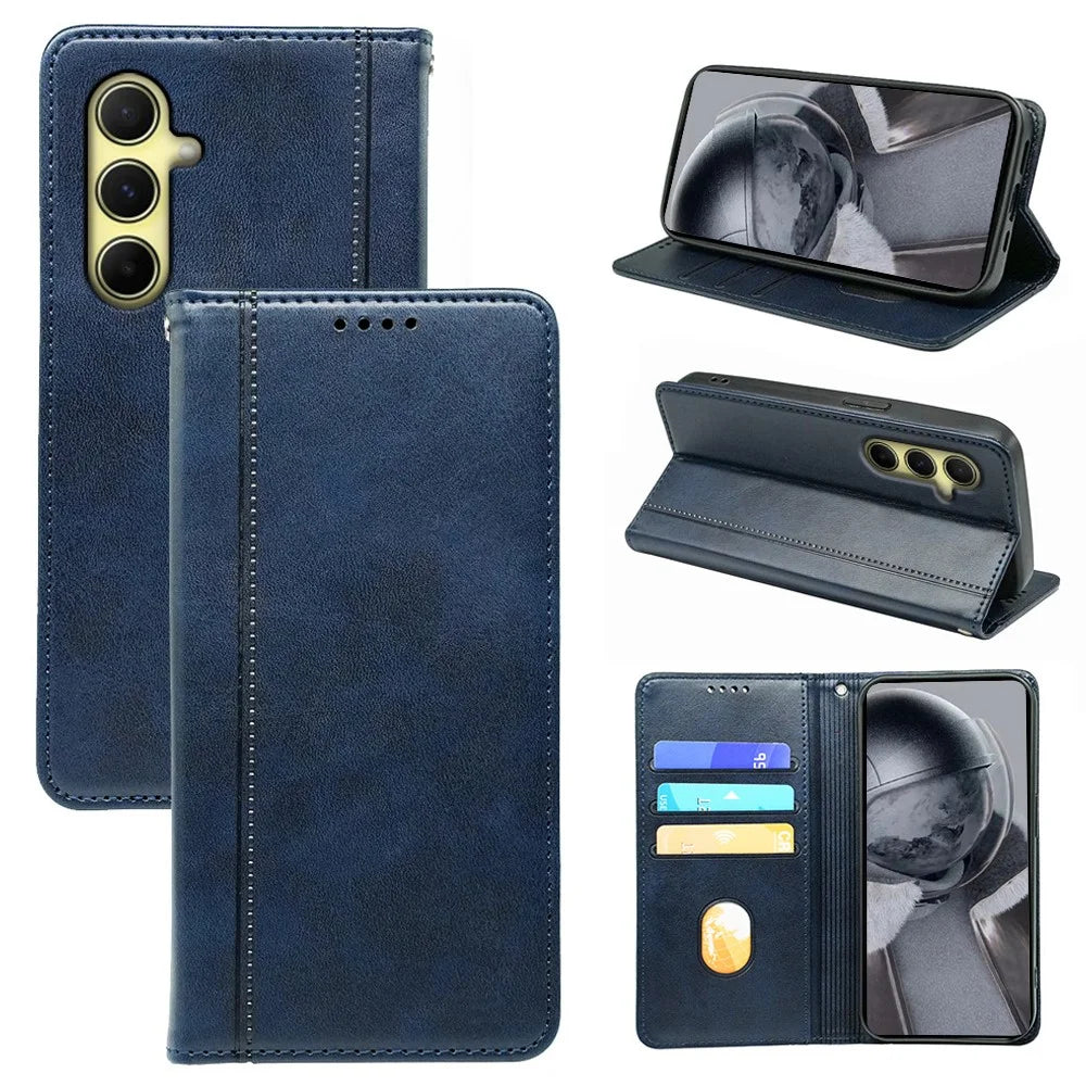 For Samsung Galaxy S23 FE Case Calf Texture Card Slots PU Leather Phone Cover - Blue - 1