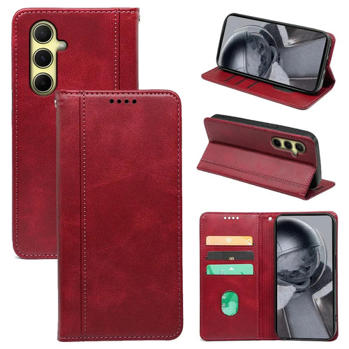For Samsung Galaxy A14 4G / 5G Case Calf Texture Leather Wallet Phone Cover Stand Function - Red - 1