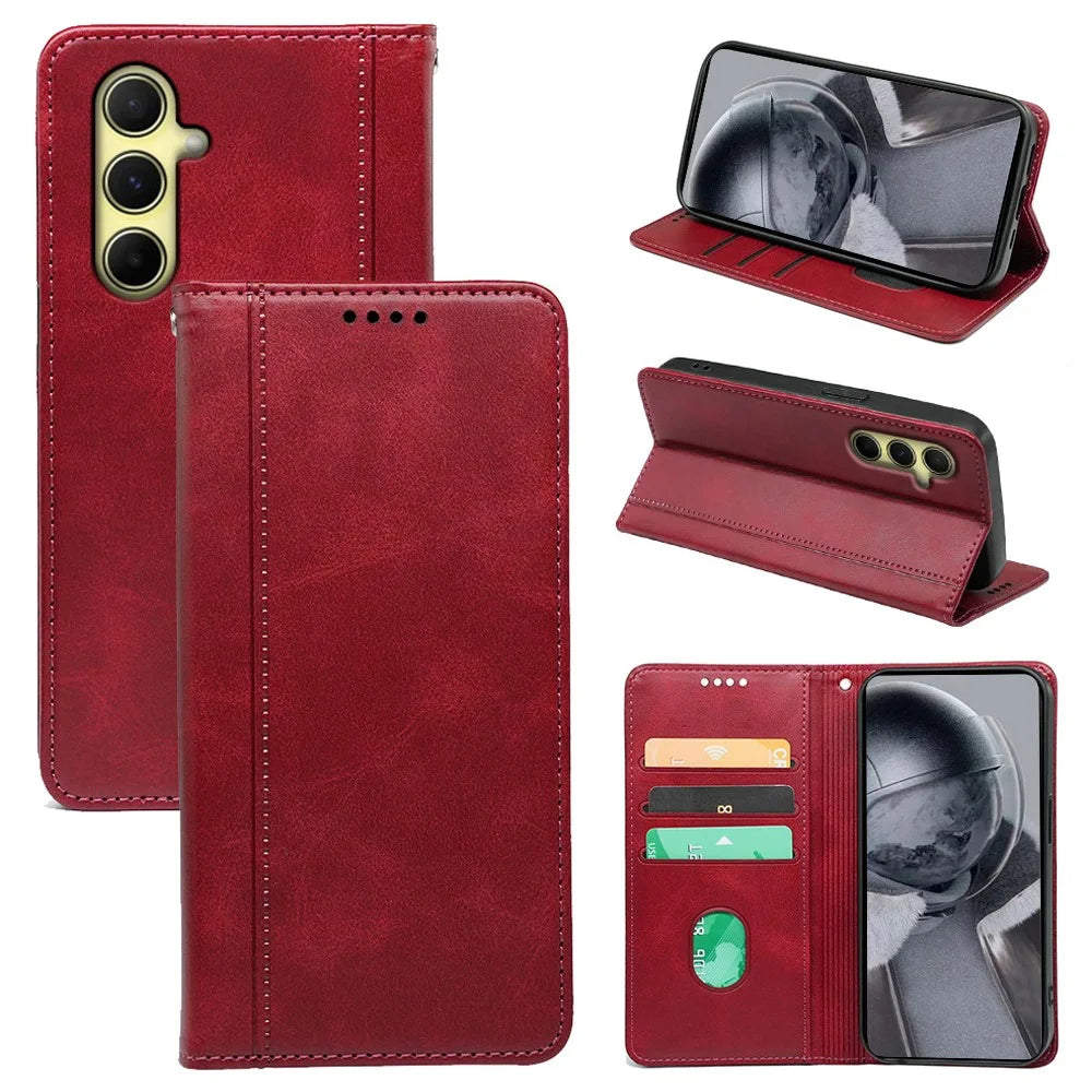 For Samsung Galaxy A14 4G / 5G Case Calf Texture Leather Wallet Phone Cover Stand Function - Red - 1