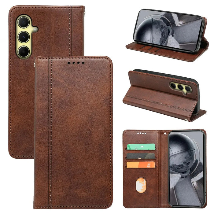For Samsung Galaxy A35 5G Wallet Case Leather Phone Cover Calf Texture Strong Magnetic Closure - Brown - 1