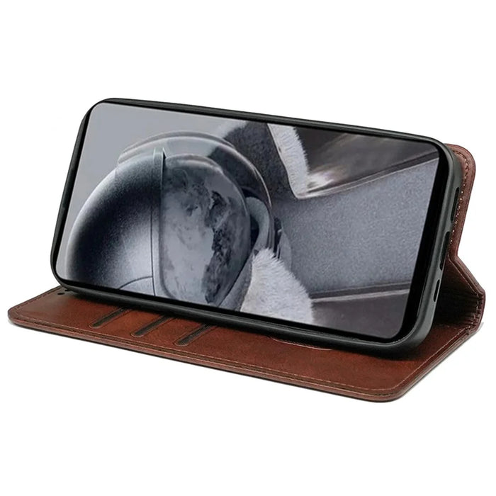 For Samsung Galaxy A35 5G Wallet Case Leather Phone Cover Calf Texture Strong Magnetic Closure - Brown - 3