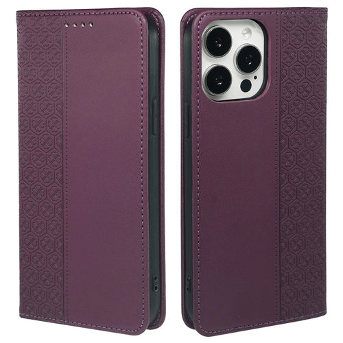 For iPhone 15 Pro Case Four-Leaf Clover Leather Flip Phone Cover - Dark Purple - 1