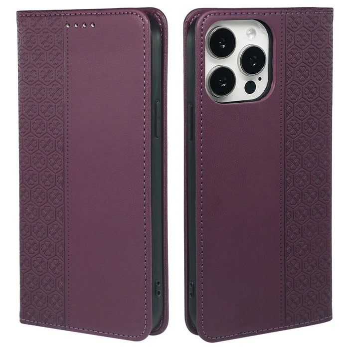 For iPhone 15 Pro Case Four-Leaf Clover Leather Flip Phone Cover - Dark Purple - 1