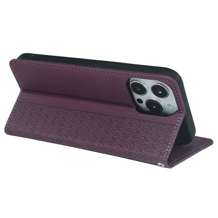 For iPhone 15 Pro Case Four-Leaf Clover Leather Flip Phone Cover - Dark Purple - 3