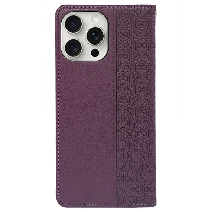 For iPhone 15 Pro Case Four-Leaf Clover Leather Flip Phone Cover - Dark Purple - 6