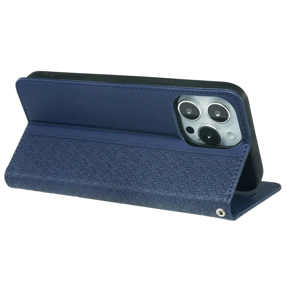 For iPhone 15 Pro Max Case Four-Leaf Clover Leather Flip Phone Cover - Blue - 3
