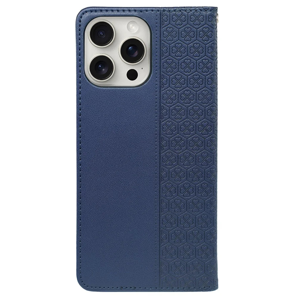 For iPhone 15 Pro Max Case Four-Leaf Clover Leather Flip Phone Cover - Blue - 6