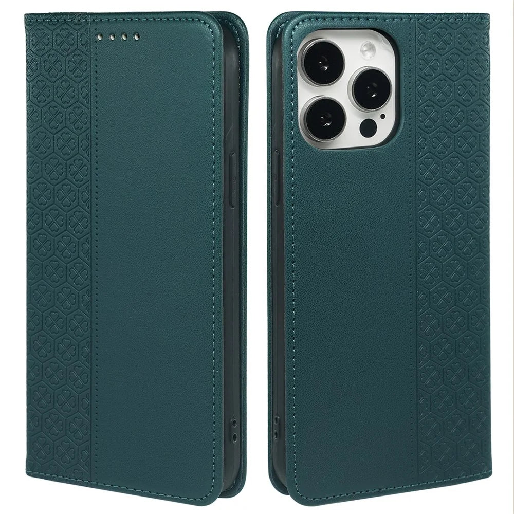 For iPhone 14 Pro Case Wallet Card Slots Leather Phone Cover Clover Imprint - Green - 1