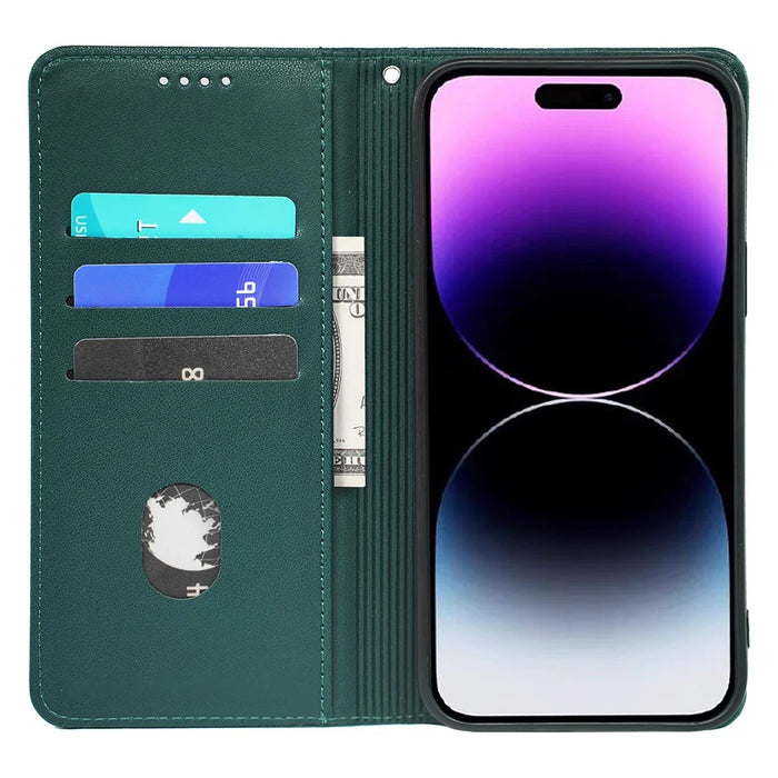 For iPhone 14 Pro Case Wallet Card Slots Leather Phone Cover Clover Imprint - Green - 2