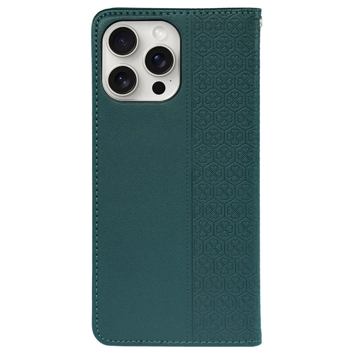 For iPhone 14 Pro Case Wallet Card Slots Leather Phone Cover Clover Imprint - Green - 6