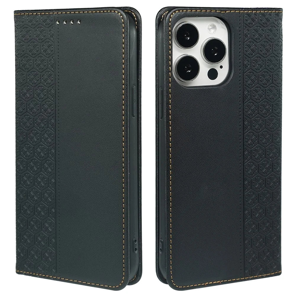 For iPhone 14 Pro Max Case Four-Leaf Clover Leather Wallet Phone Cover - Black - 1
