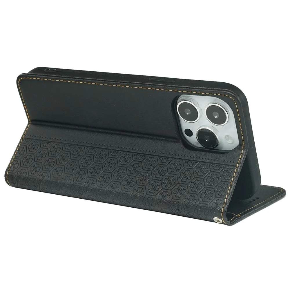 For iPhone 14 Pro Max Case Four-Leaf Clover Leather Wallet Phone Cover - Black - 3