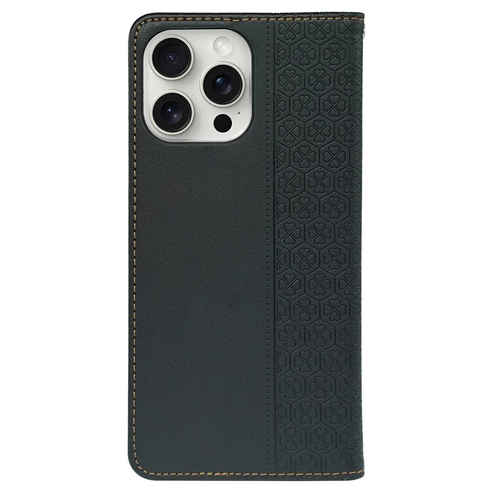 For iPhone 14 Pro Max Case Four-Leaf Clover Leather Wallet Phone Cover - Black - 6