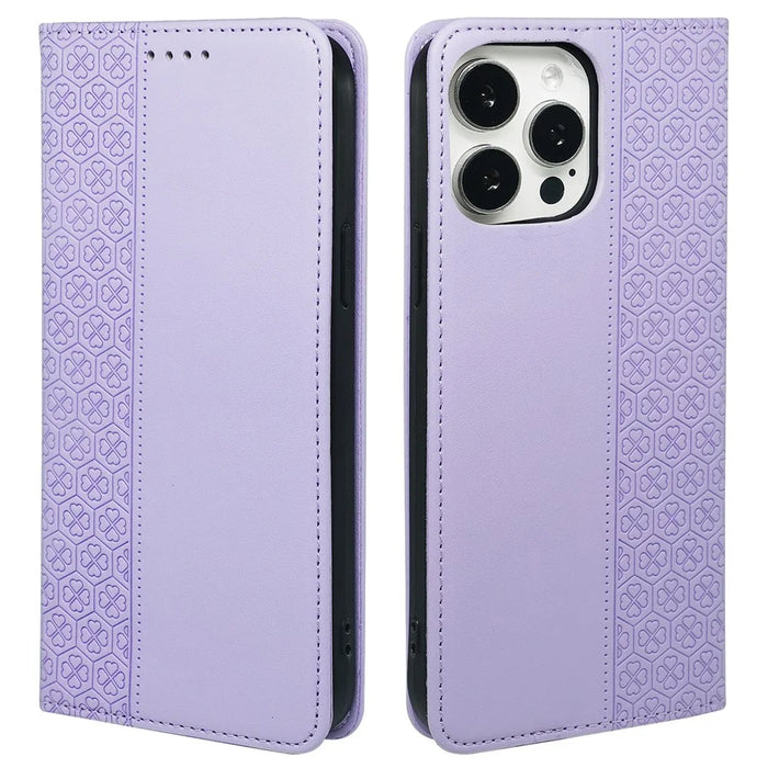 For iPhone 13 Pro Max Wallet Case Four-Leaf Clover Leather Phone Cover - Light Purple - 1