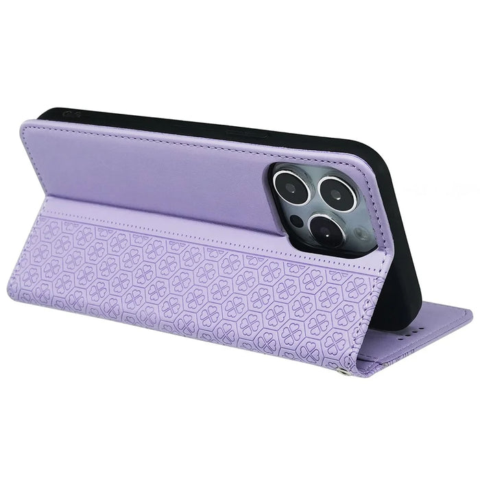 For iPhone 13 Pro Max Wallet Case Four-Leaf Clover Leather Phone Cover - Light Purple - 3