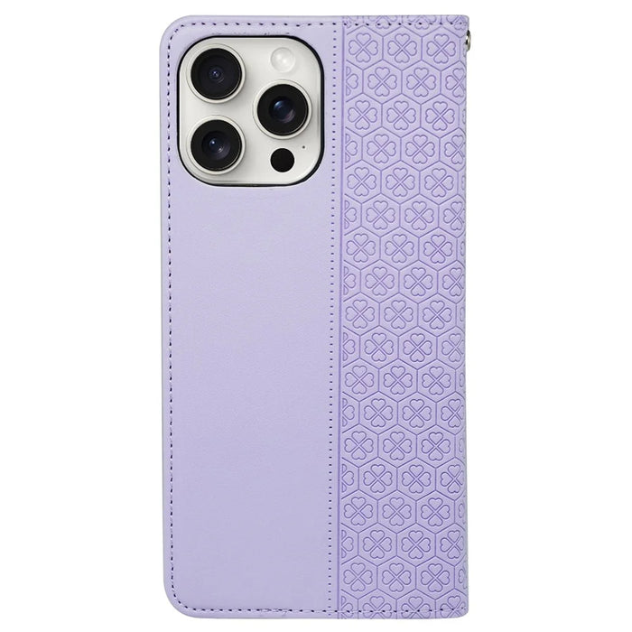 For iPhone 13 Pro Max Wallet Case Four-Leaf Clover Leather Phone Cover - Light Purple - 6