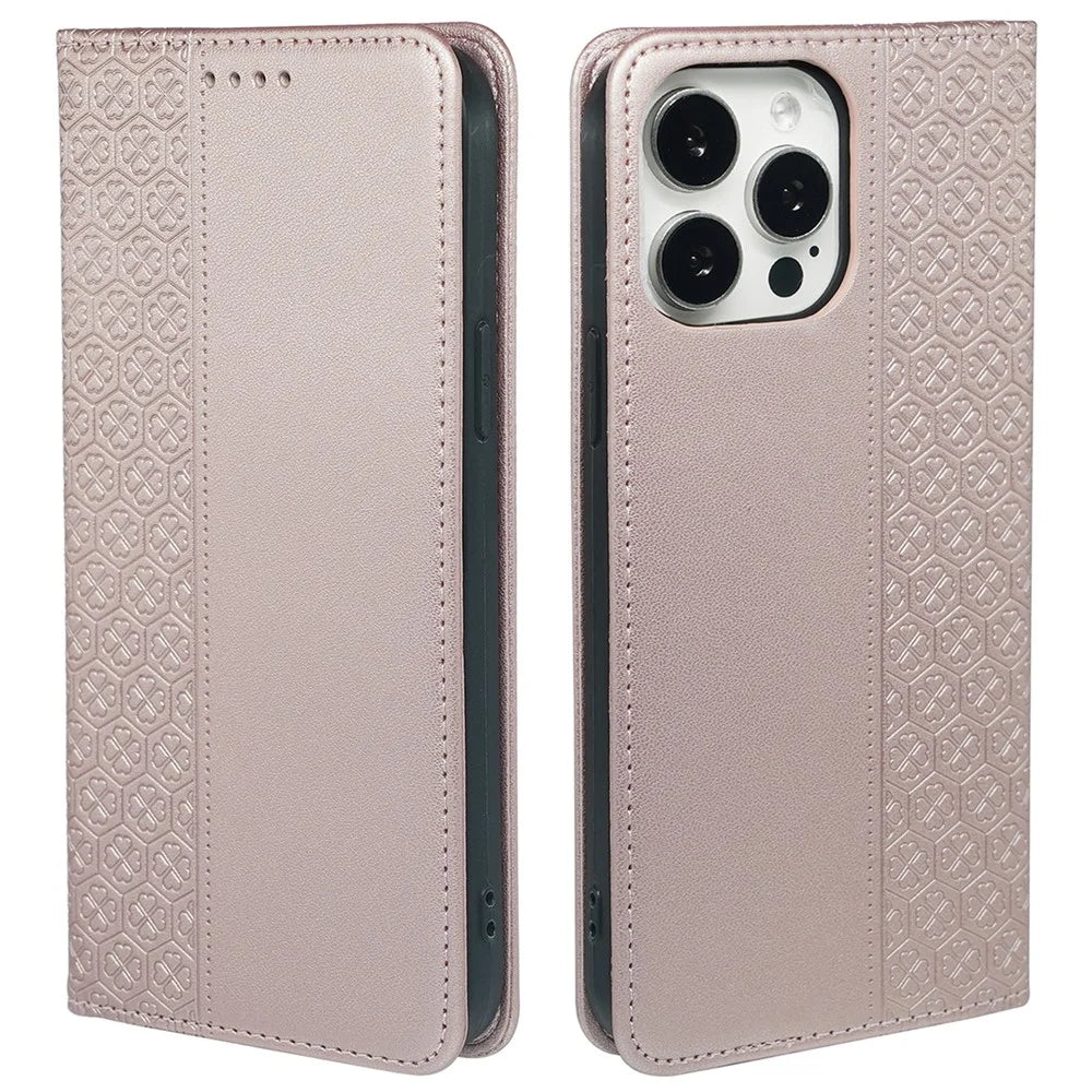 For iPhone 13 Pro Case Four-Leaf Clover Imprinted Leather Folio Phone Cover - Rose Gold - 1