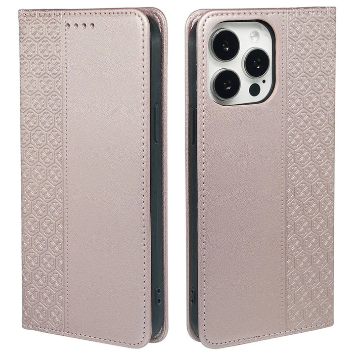 For iPhone 13 Pro Case Four-Leaf Clover Imprinted Leather Folio Phone Cover - Rose Gold - 1