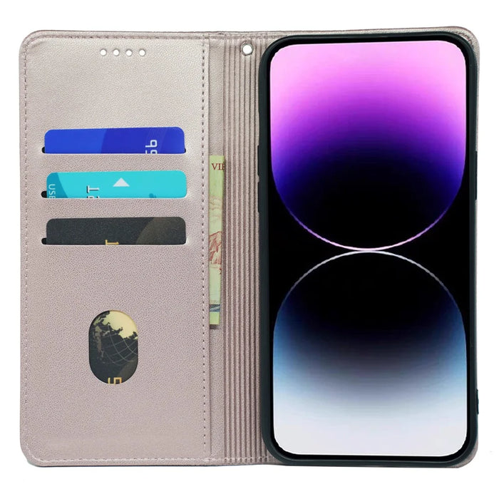 For iPhone 13 Pro Case Four-Leaf Clover Imprinted Leather Folio Phone Cover - Rose Gold - 2