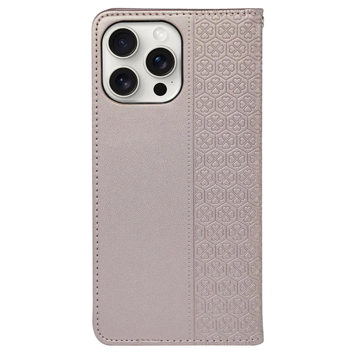 For iPhone 13 Pro Case Four-Leaf Clover Imprinted Leather Folio Phone Cover - Rose Gold - 6