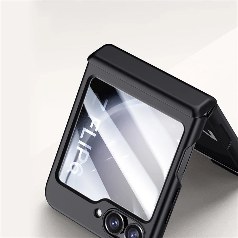 For Samsung Galaxy Z Flip7 FE 5G / Z Flip6 5G Case Hinge Protection PC  Phone Cover with Tempered Glass Rear Screen Film - Black - 6