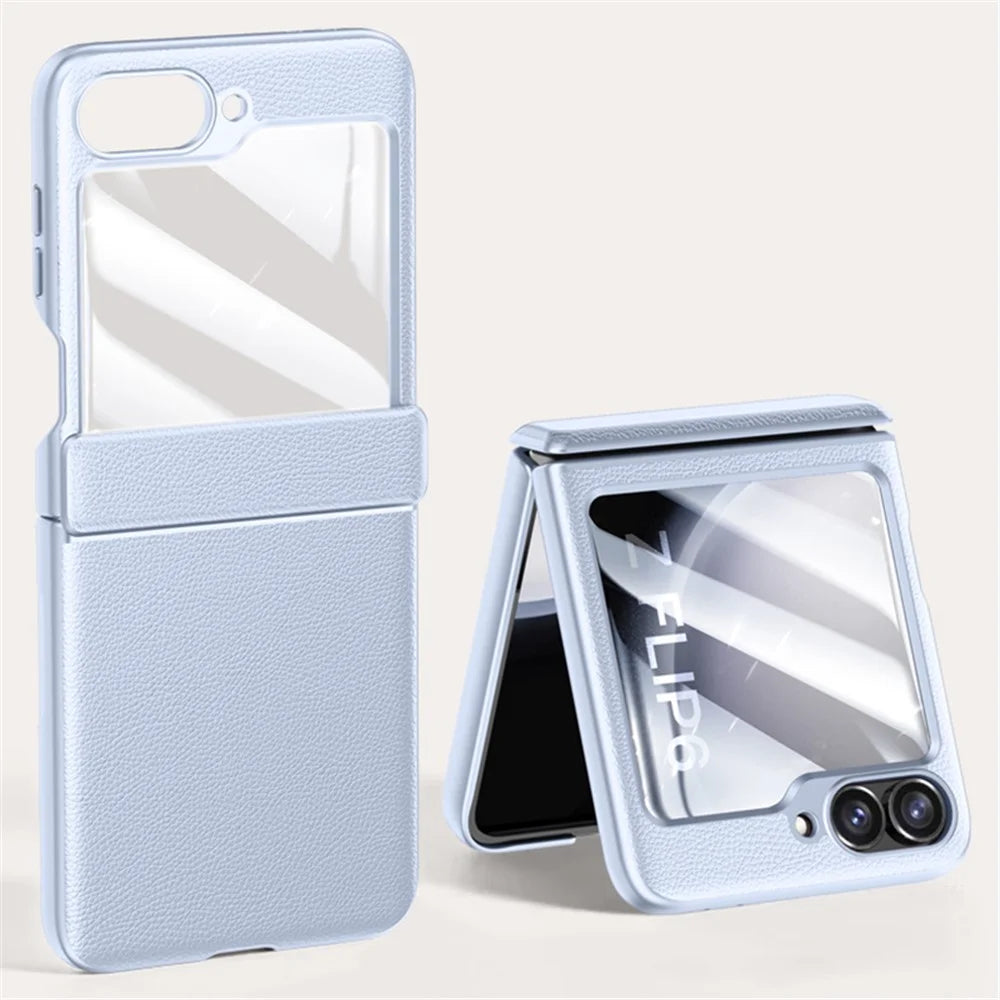 For Samsung Galaxy Z Flip7 FE 5G / Z Flip6 5G Case Leather+PC Hinge Design Phone Cover with Rear Screen Film - Purple - 1