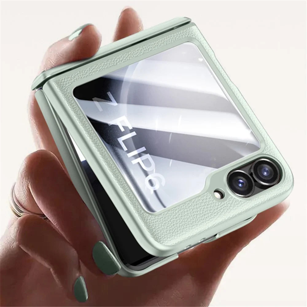 For Samsung Galaxy Z Flip7 FE 5G / Z Flip6 5G Case Leather+PC Hinge Design Phone Cover with Rear Screen Film - Purple - 6
