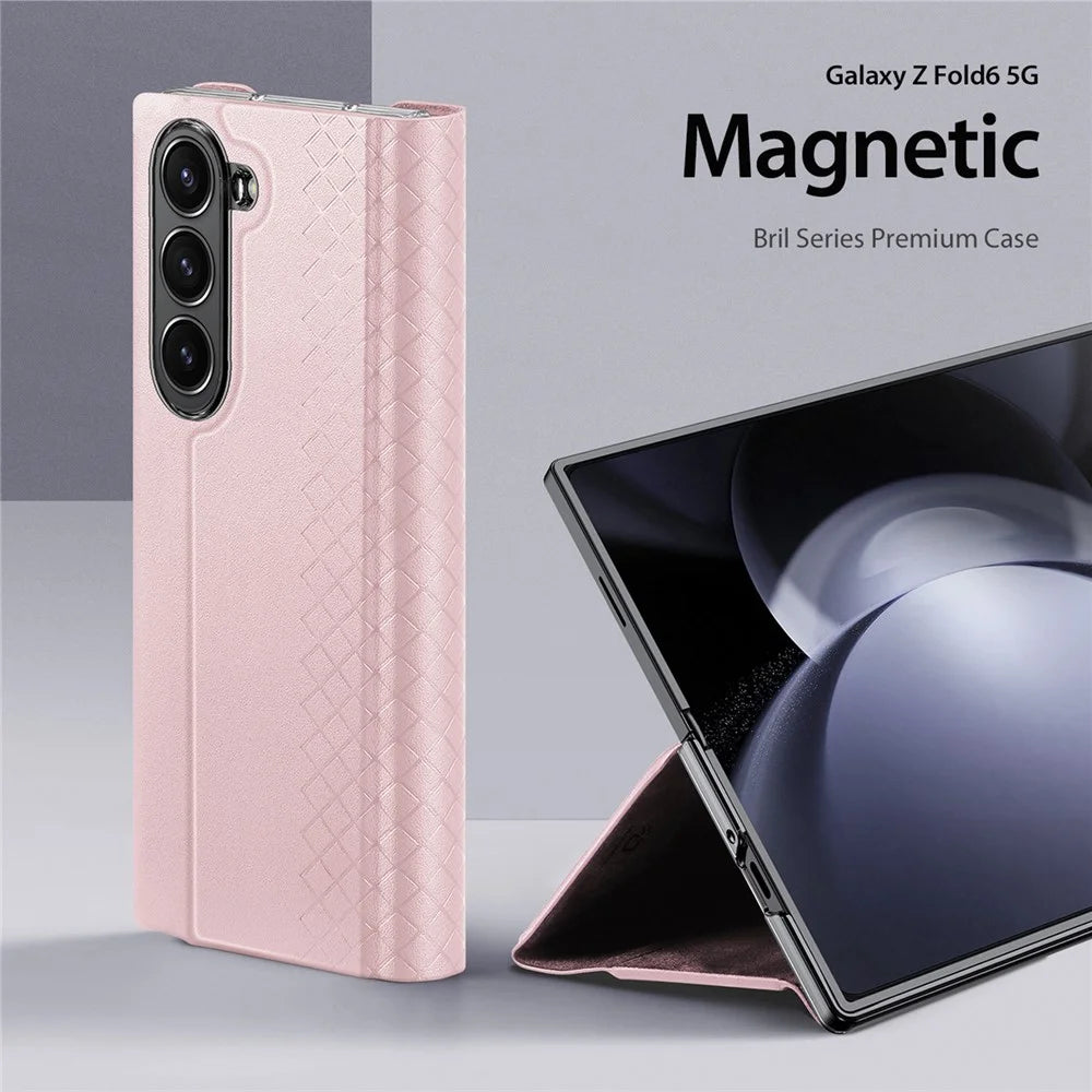 For Samsung Galaxy Z Fold6 5G Magnetic Case DUX DUCIS Bril Series Leather+PC Phone Cover with Stand - Pink - 3