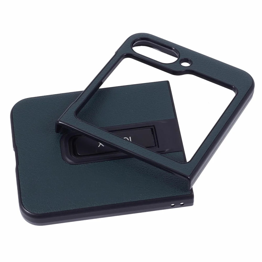 X-LEVEL For Samsung Galaxy Z Flip7 FE 5G / Z Flip6 5G Magnetic Kickstand Folding Phone Case PU Leather Coated PC Cover - Midnight Green - 6