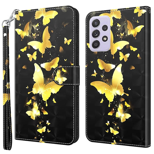 For Samsung Galaxy A23 5G (Global Version) / 4G 3D Pattern Printing Wallet Case PU Leather Magnetic Flip Stand Fully Protection Phone Cover with Strap - Golden Butterflies - 1