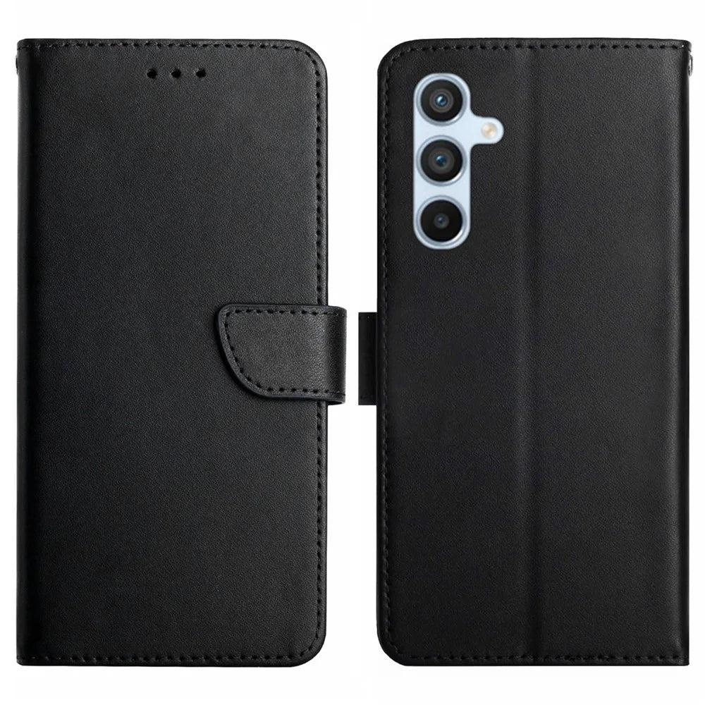 HT02 For Samsung Galaxy S24 FE Case Wallet Genuine Cow Leather Phone Cover Nappa Texture - Black - 1