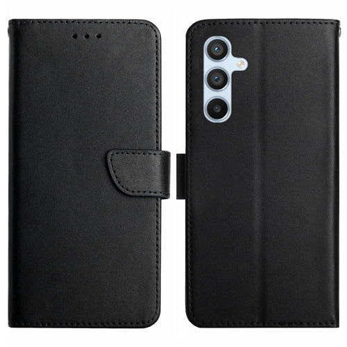 HT02 For Samsung Galaxy S24 FE Case Wallet Genuine Cow Leather Phone Cover Nappa Texture - Black - 1