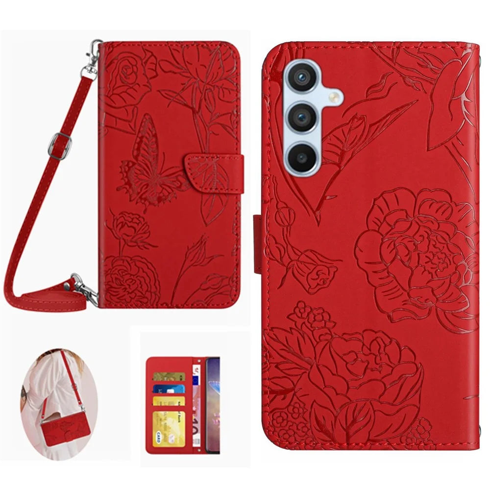 HT03 For Samsung Galaxy S24 FE Case Butterfly Flowers Leather Phone Cover with Shoulder Strap - Red - 1